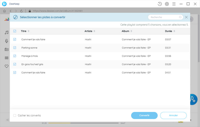 Convertissez les musiques Deezer sélectionnées