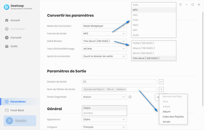 Choisir le format de sortie