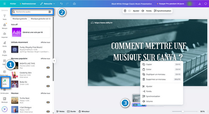Ajouter des pistes audio via la bibliothèque audio de Canva