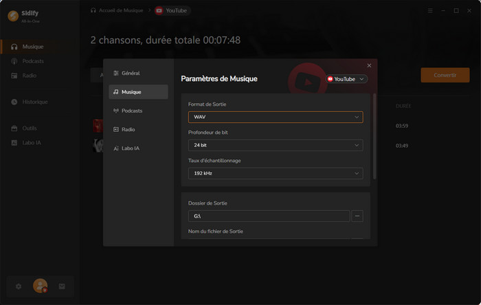 Choisissez WAV comme format de sortie