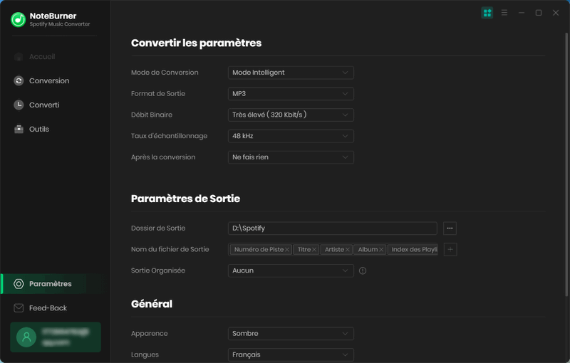 Paramètres de NoteBurner Spotify Music Converter