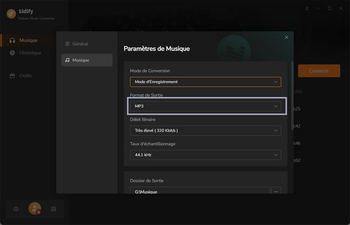 Choisissez MP3 comme format de sortie