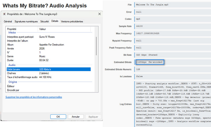 Résultat du test audio de qualité de Spowload