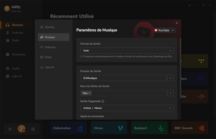 Paramètres de Sidify All-in-One