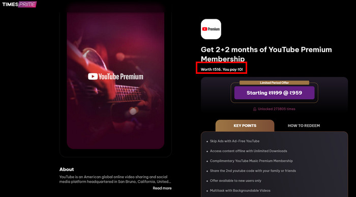 Obtenez YouTube Premium gratuitement pour les membres Times Prime