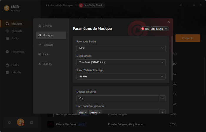 Configurez le format de sortie