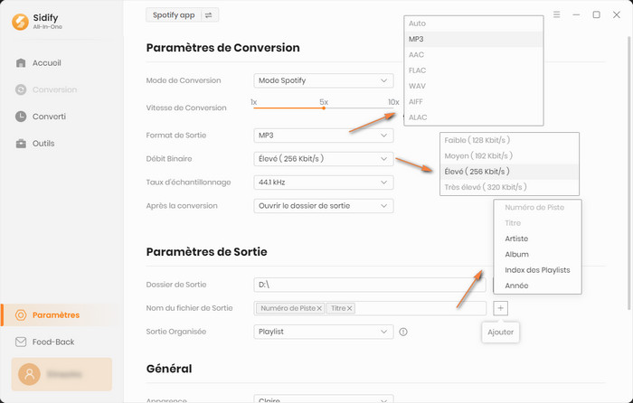 Paramètres de conversion