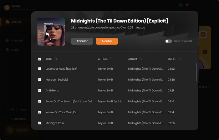 Ajoutez des morceaux d'Amazon Music à la liste de conversion