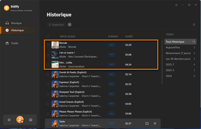 l'historique d'amazon music
