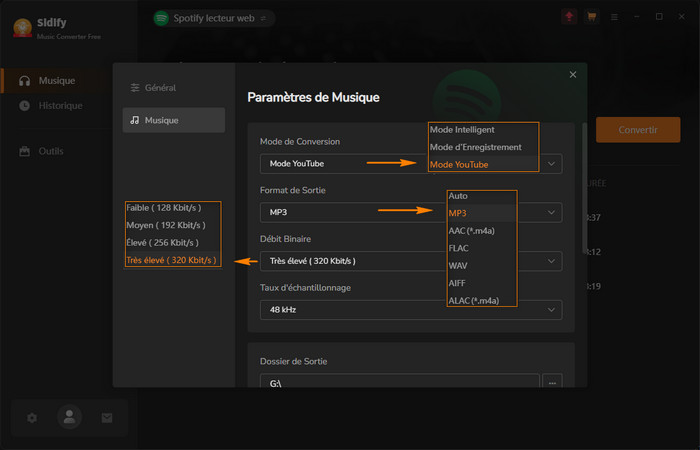 Choisissez le format de sortie