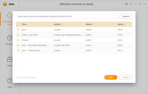 faite glisser le lien d'album de Spotify à Sidify