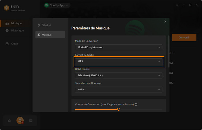 Sélectionnez le format de sortie MP3