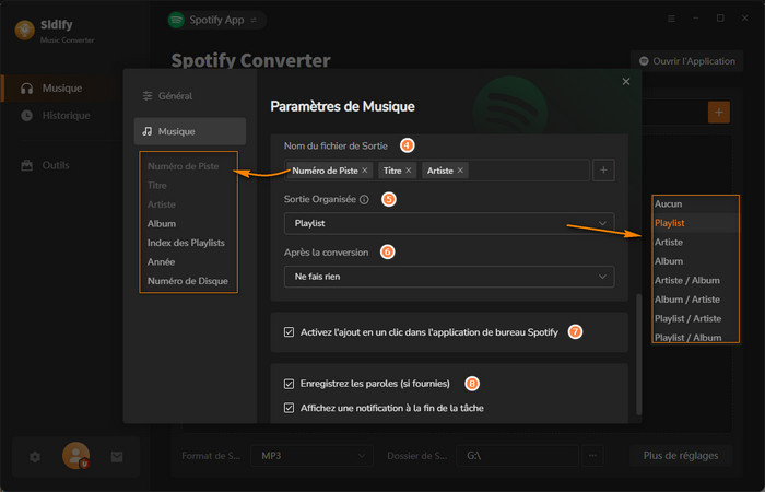 Paramètres de Musique