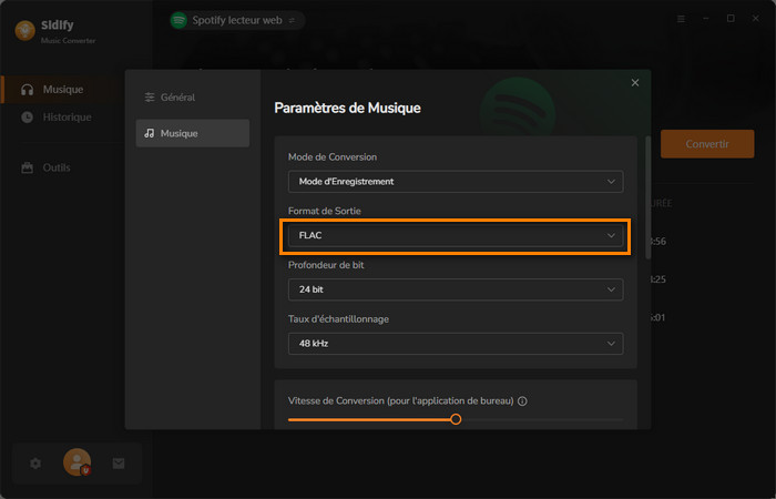 Choisissez FLAC comme format de sortie