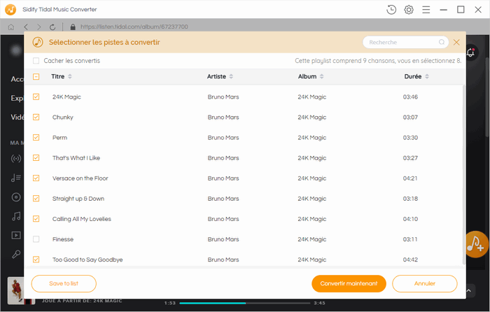 Sélectionnez de la musique Tidal à convertir