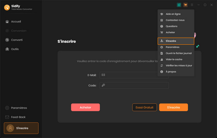 S'inscrire à Sidify Tidal Music Converter