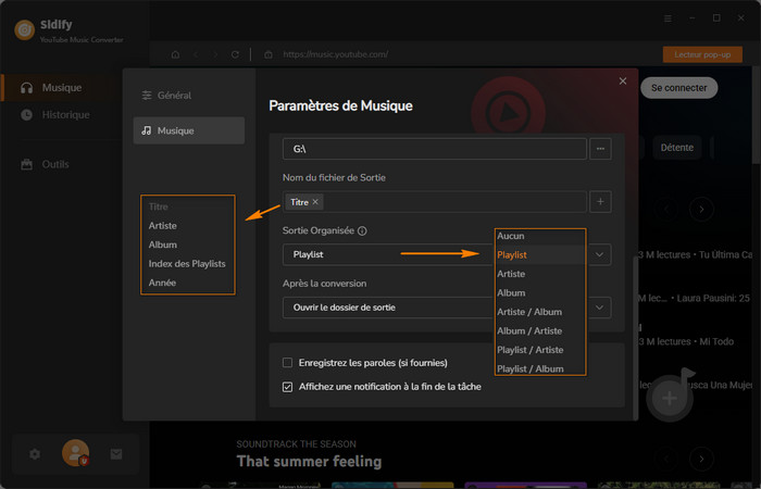 Paramètres de Sortie de Sidify YouTube Music Converter